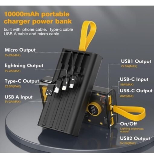 Batería Externa de 10000mAh Transparente 22.5W Con 4 Cables Batería Externa Power Bank 10000mAh Carga Rápida Carcasa Transparente LED Pantalla Digital 22.5W Con 4 Cables  Referencia: MP061 ref6092