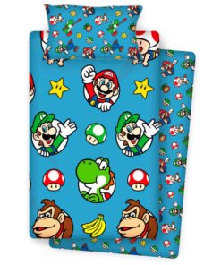 Juego sabanas Super Mario Bros 90cm Cama de 90cm. Tamaño sábana encimera: 160x260cm. Tamaño sábana bajera: 90x195+25cm. Tamaño funda almohada: 45x110cm Algodón y Poliéster ref0552